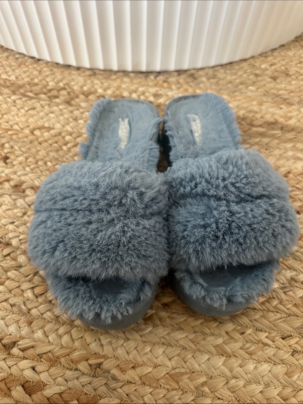 Plush Fuzzy Slide Slippers in Dusty Blue